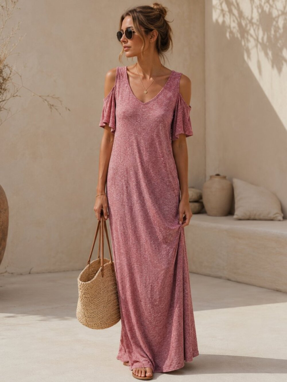 Soft Surroundings Electra Maxi Dress Women's M Pink Cold Shoulder Tall Boho